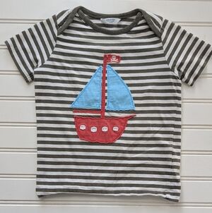 Baby Boden Gray Striped Tee with Red and Blue Sailboat Applique